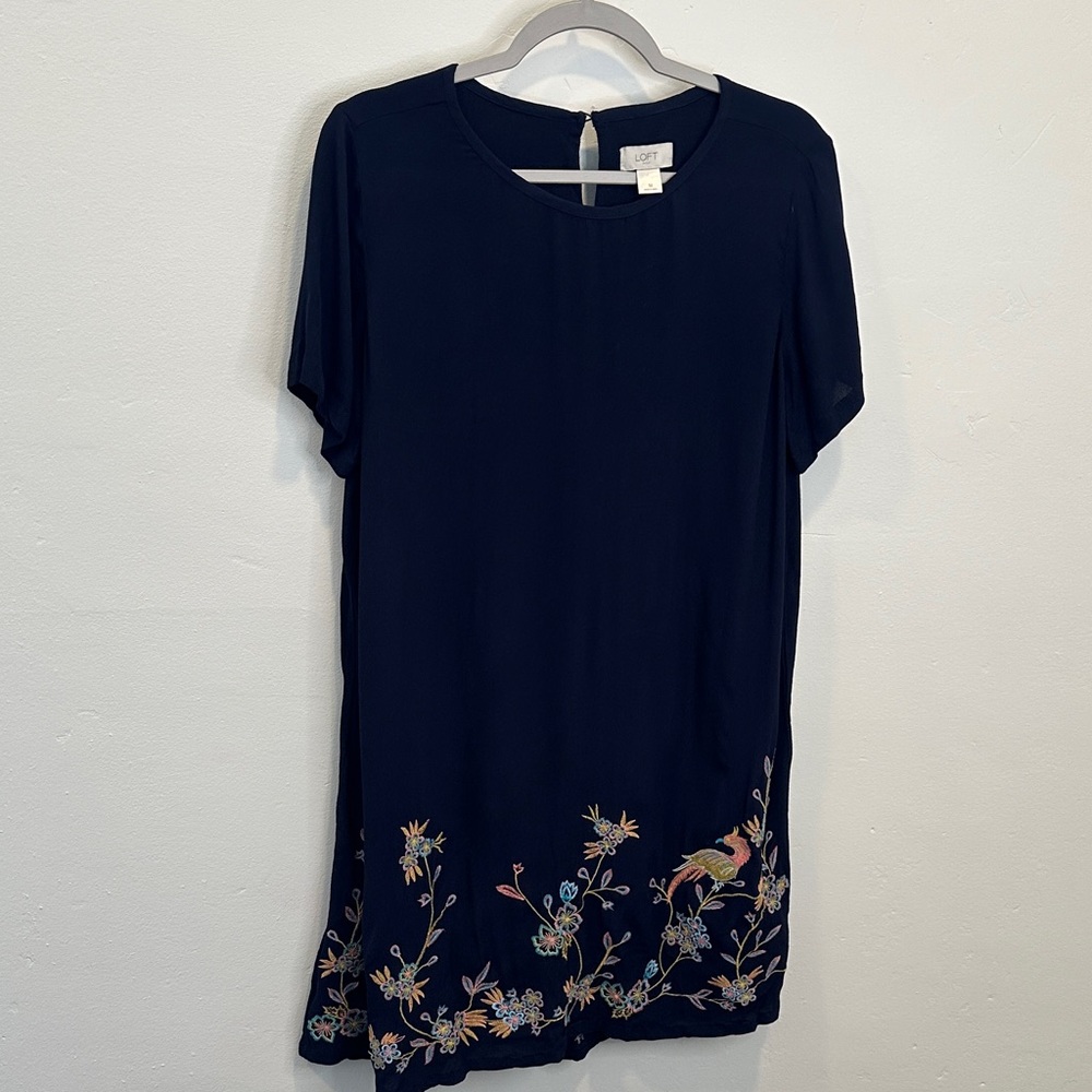 LOFT Navy Shift Dress with Floral & Bird Embroidery